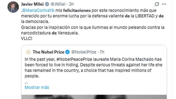 El Presidente felicitó a Machado por el Nobel de la Paz