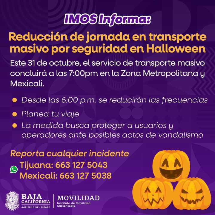 Reducirán servicio de transporte durante la noche de Halloween