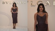Priyanka Chopra Stuns In Metallic Wine Dress At Bvlgari Mumbai Event