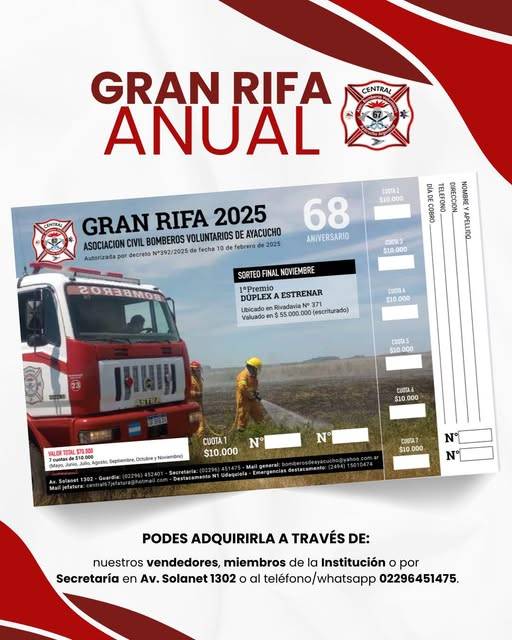 Rifa 2025 de Bomberos – Este sábado 25 de Octubre es el 6to sorteo mensual
