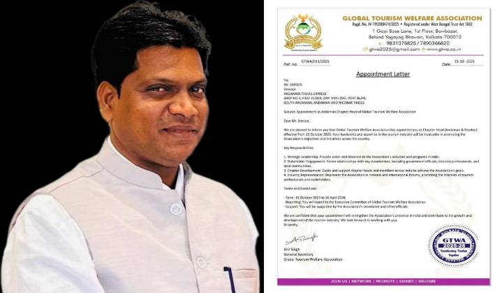 Global Tourism Welfare Association Appoints Simson as Andaman & Nicobar Chapter Head