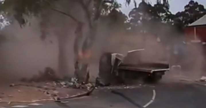Dashcam footage captures truck taking out cars, power lines after brake failure