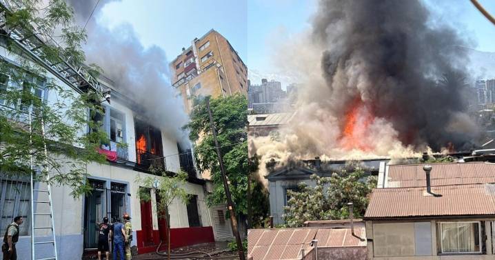 Bomberos combate incendio estructural de un cité en el barrio Yungay de Santiago