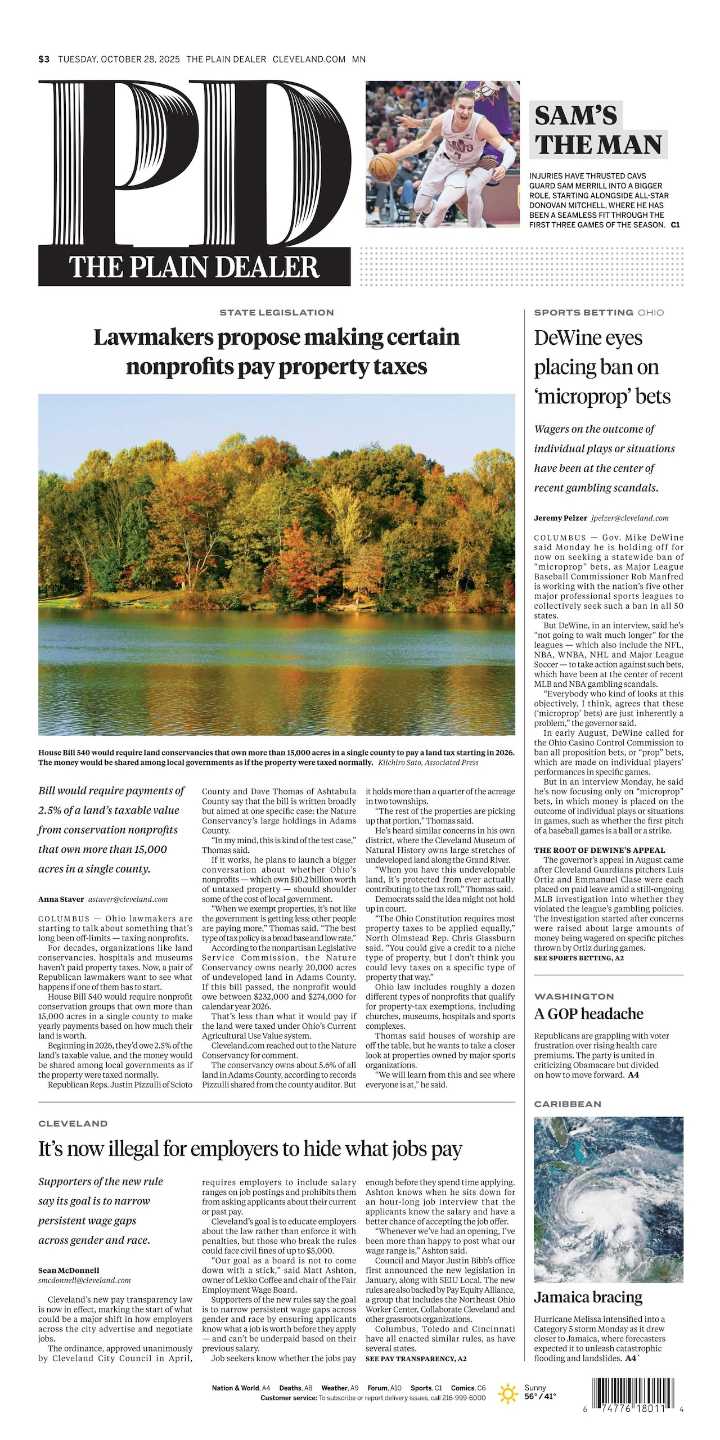 The Plain Dealer’s front page for October 28, 2025
