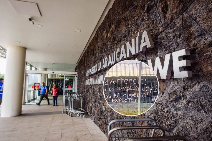 FOTO. “Si no se cumple con la ley...”: lienzo con amenaza de bomba en aeropuerto de La Araucanía obliga a operativo de seguridad