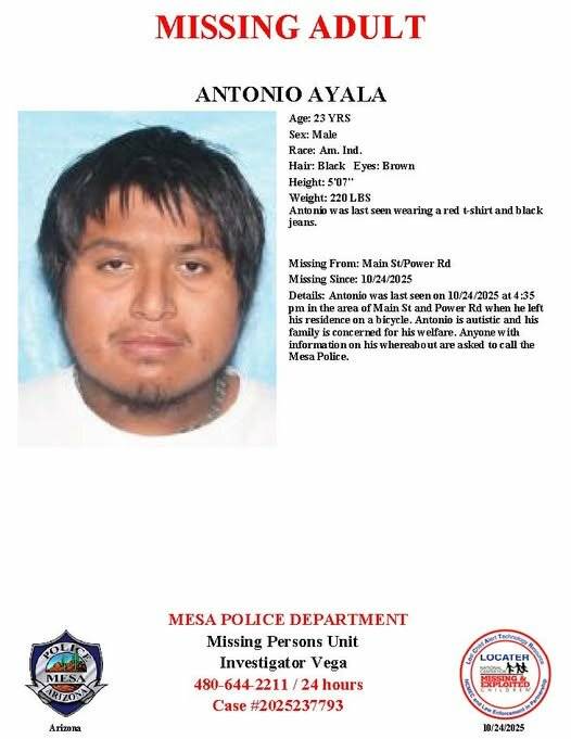 SAFE Alert issued for Antonio Ayala, 23, missing from Mesa, police say