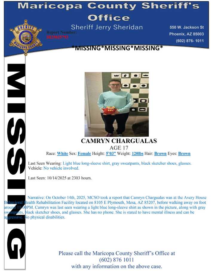 Camryn Chargualas, 17, missing from Mesa, MCSO says