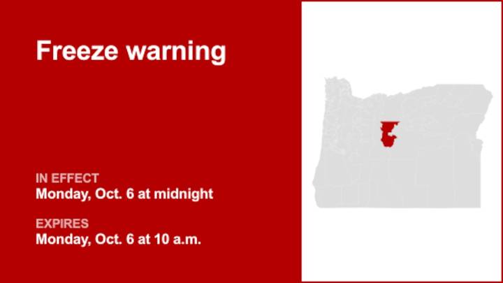 Central Oregon under a freeze warning Monday – temperatures at a low of 25