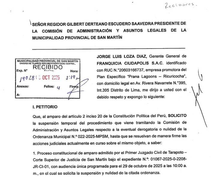 Ciudapolis pide suspensión del procedimiento administrativo que evalúa la posible derogatoria o nulidad de Ordenanza Municipal