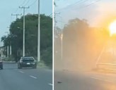 Por jugar arrancones, auto choca y derriba tres postes de luz