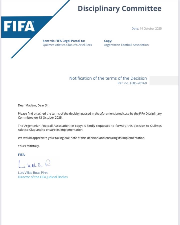 FIFA SANCIONA A QUILMES CON PROHIBICIÓN DE FICHAJES POR INCUMPLIMIENTO