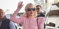 Lady Gaga Wears Knitted Bubblegum Two-Piece and Matching Satin Platform Heels in Milan