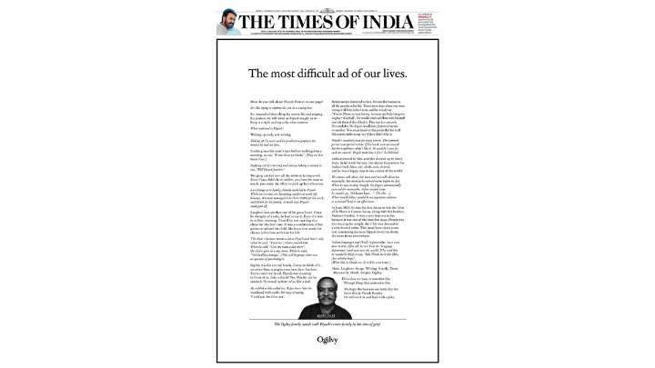 Ogilvy India pens ‘The most difficult ad of our lives’ for Piyush Pandey