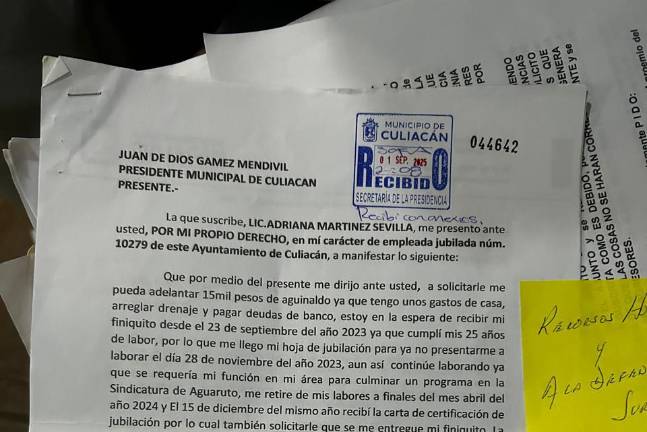 Ex trabajadora acusa al Ayuntamiento de Culiacán falta de respuesta a su finiquito tras un año de jubilarse