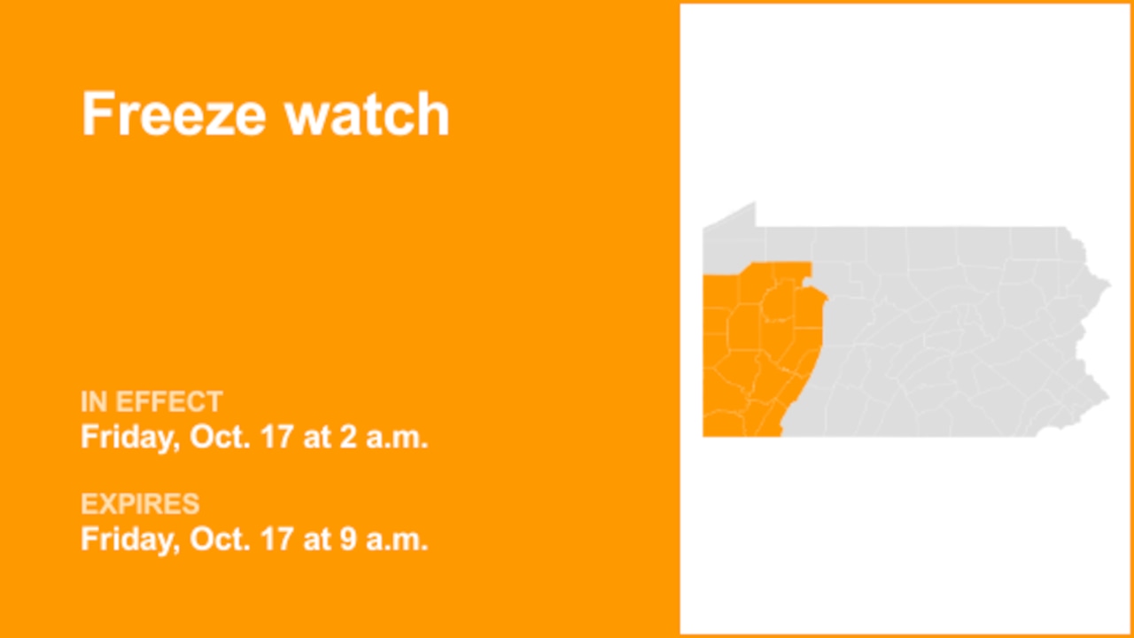 Freeze watch issued for part of Pennsylvania for Friday