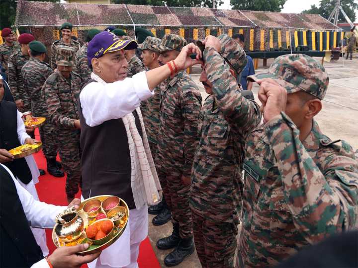 Rajnath Singh performs Shastra Puja at Bhuj Military Station