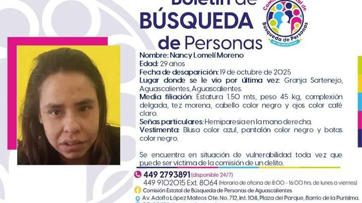 Buscan a Nancy, joven de 29 años desaparecida en Aguascalientes; fue vista por última vez en la Granja Sartenejo