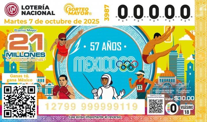 Billete de Lotería Nacional conmemora el 57 Aniversario de los Juegos Olímpicos de 1968