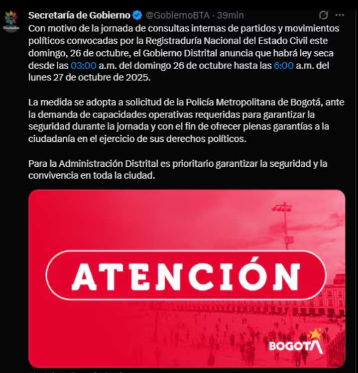 Bogotá declara ley seca desde las 3 a.m. de este domingo por consulta del Pacto Histórico