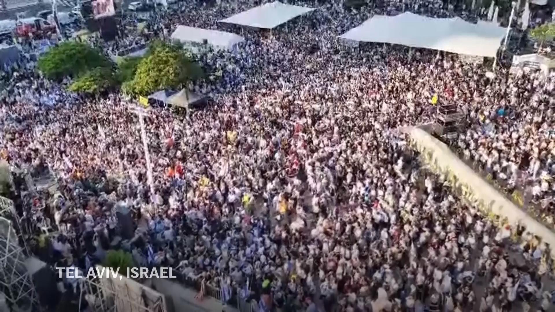 Aerials show thousands gathered at Hostages Square, Tel Aviv, as Israeli captives released
