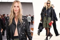 Charlize Theron wears shirtless look with shorts and tights at Dior show