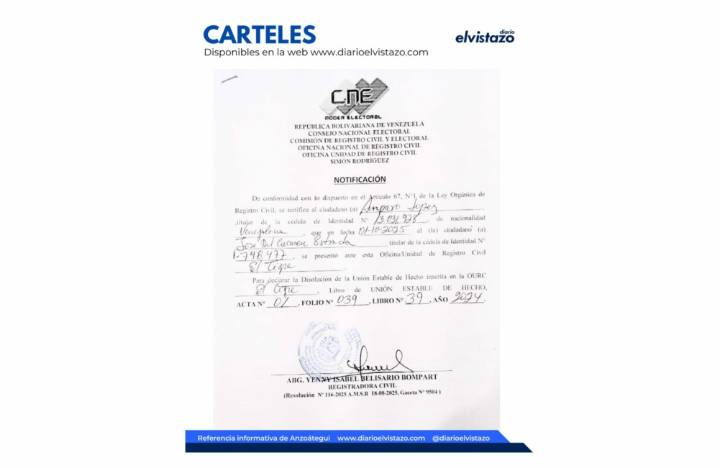 Cartel de Disolución de Unión Estable de Hecho del Registro Civil del municipio Simón Rodríguez en atención a Amparo López y José Estrada