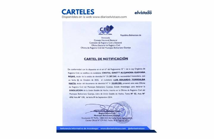 Cartel de Disolución de Unión Estable de Hecho emitido por el Registro Civil de Guanipa, en atención a Cristal Ginett Alejandra Guevara Rojas y Luis Eduardo Torrealba Maita