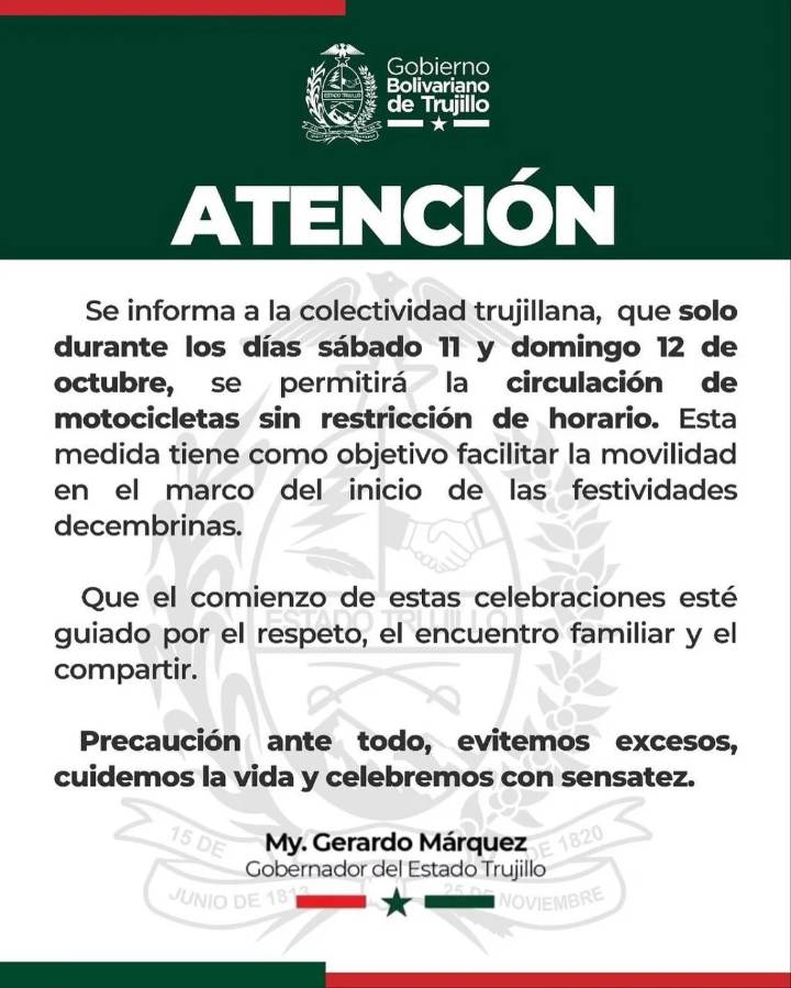 Flexibilizan horario de circulación de motocicletas por inicio de festividades decembrinas