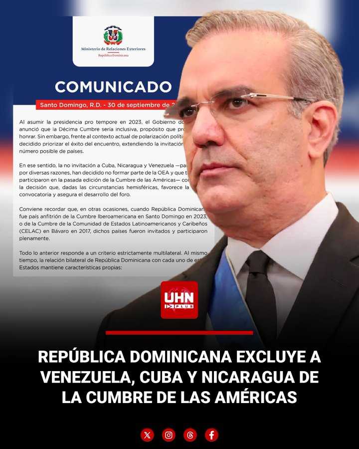 República Dominicana anuncia que no invitará a Cuba, Nicaragua y Venezuela a la Cumbre de las Américas