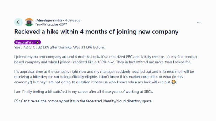 Techie joins new company with 100% hike, gets appraisal in 4 months
