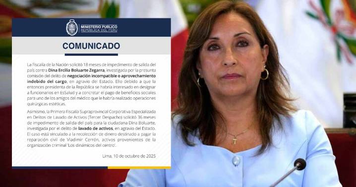Fiscalía de la Nación pide 18 meses de impedimento de salida del país para expresidenta Dina Boluarte