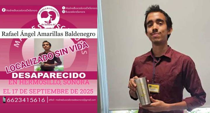Localizan sin vida al joven Rafael Amarillas, desaparecido desde el 17 de septiembre en Hermosillo