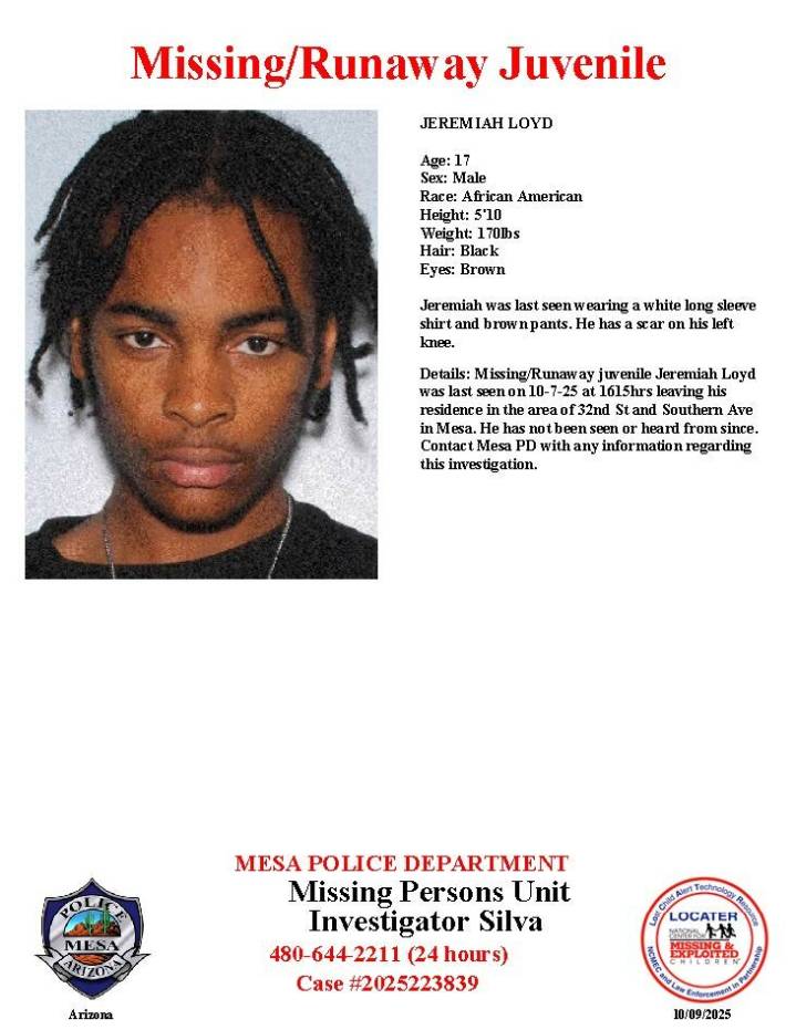 Jeremiah Loyd, 17, missing from Mesa, police say