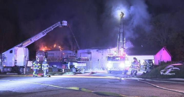 Crews battle large fire at Southampton, New Jersey, auto repair shop