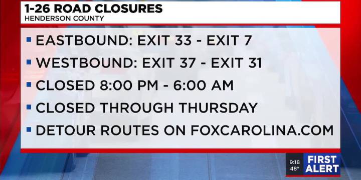 Nighttime closures planned for I-26 in Henderson County, officials say