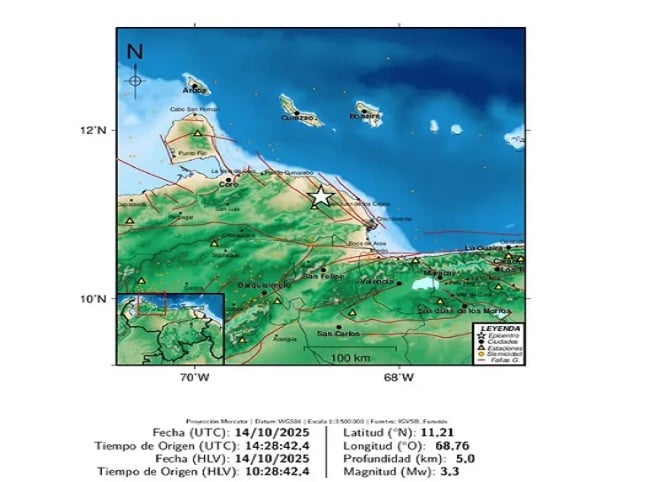 Reportan sismo de magnitud 3.3 en Falcón