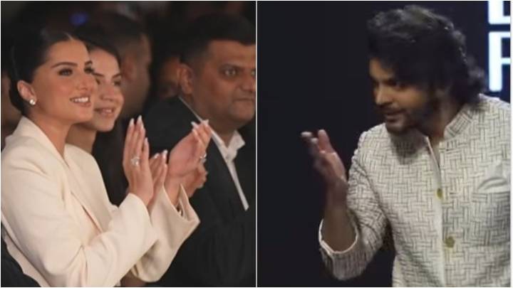 Tara Sutaria cheers as Veer Pahariya blows her a kiss at fashion show. Watch