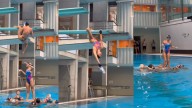 El loco reto del equipo de natación artística: Sara Saldaña, suspendida de un trampolín como Spider