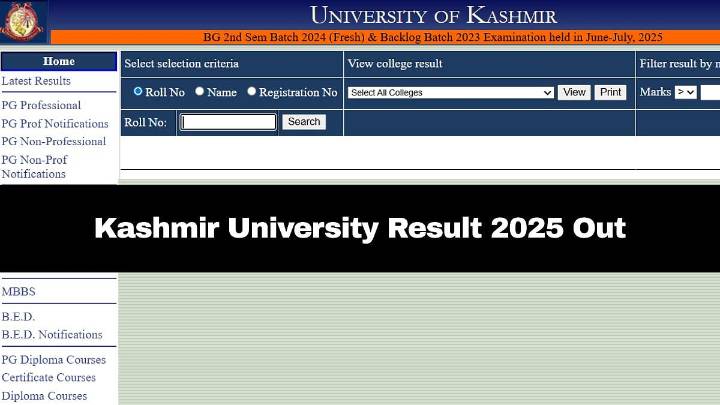 Kashmir University Result 2025: BG 2nd Sem & MTech 1st Sem Scores Out; Details Here