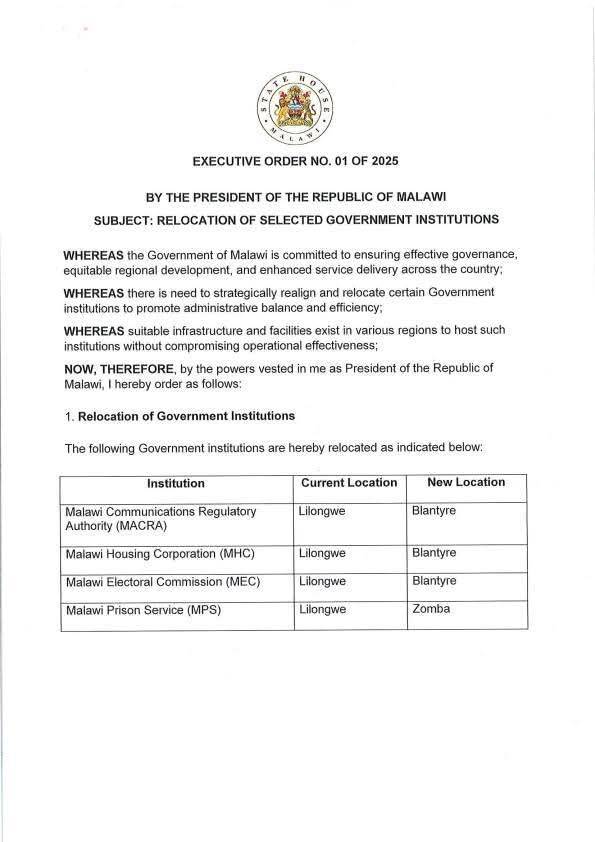 MACRA, MEC, MHC to Move Back to Blantyre, MPS to Zomba