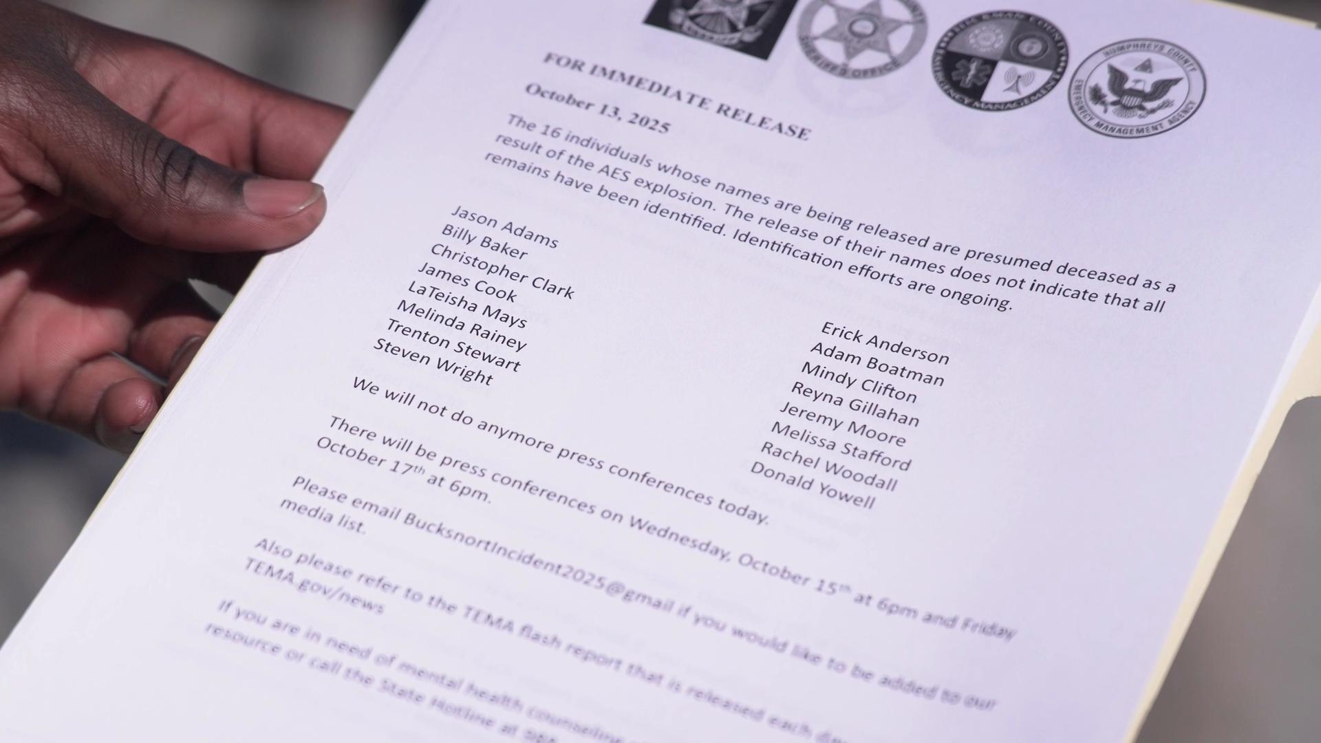 Authorities release names of 16 killed in Tennessee plant explosion