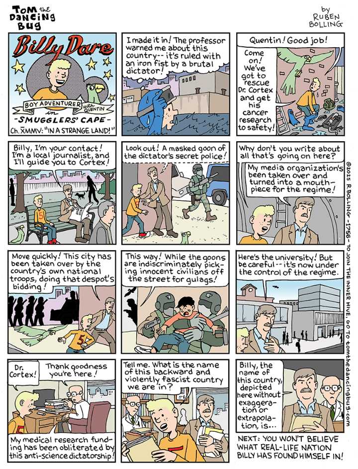 Cartoon: Tom the Dancing Bug's Billy Dare, Boy Adventurer, finds himself in a strange country