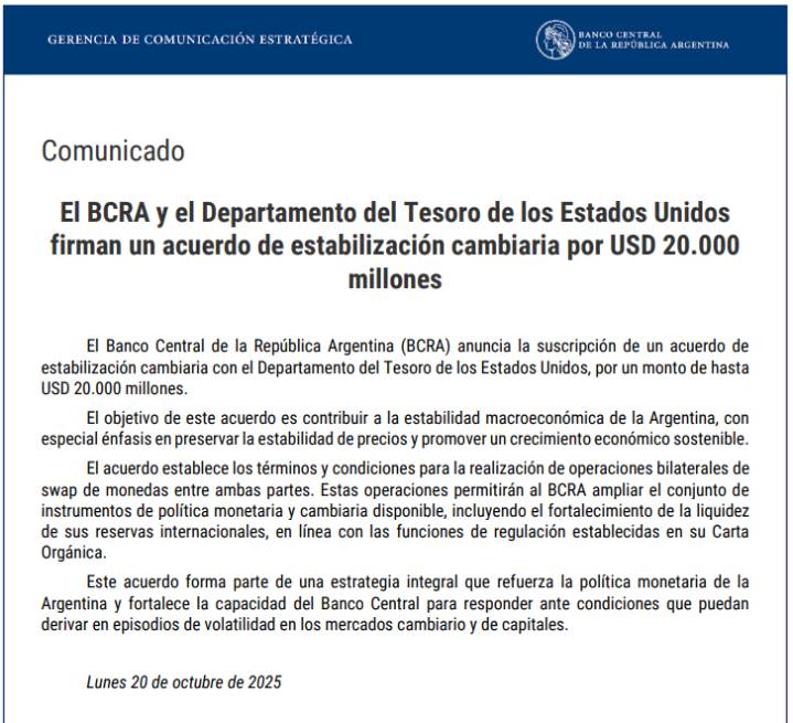 BCRA y EE. UU. firman swap por 20.000 millones de dólares