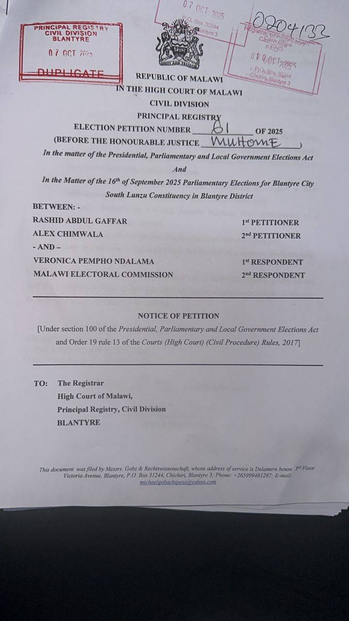Chimwala, Gaffar want Court to nullify Blantyre City South Lunzu Parliamentary poll results over irregularities