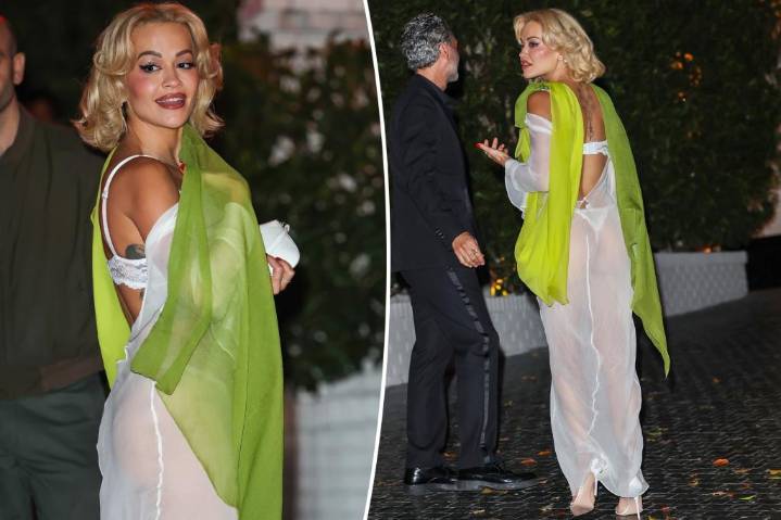 Rita Ora’s sheer white dress reveals lace lingerie underneath