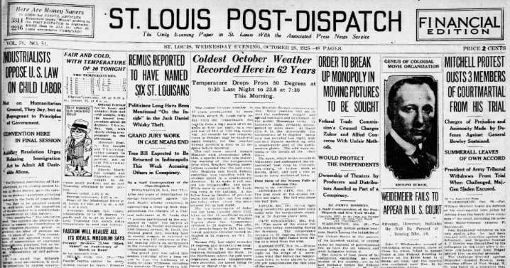 See the Oct. 28, 1925, front page: Order to break up monopoly in moving pictures to be sought