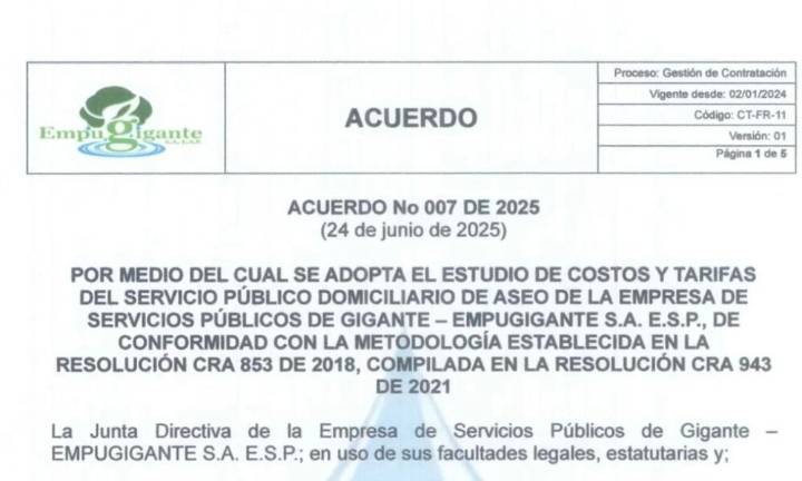 Costos de Referencia y Tarifas del Servicio Público Domiciliario de Aseo de la Empresa de Servicios Públicos de Gigante