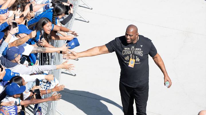 Magic Johnson celebrates Dodgers’ Game 2 World Series win over Blue Jays