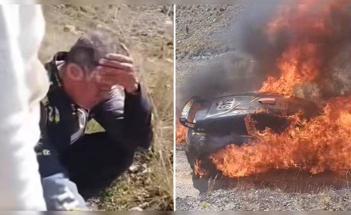 Piloto Jenrry Quispe llora tras ver cómo el fuego consume su auto en plena carrera de Caminos del Inca