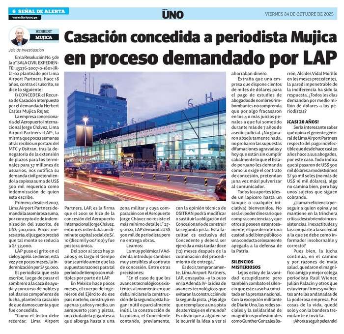 Casación concedida a periodista Mujica en proceso demandado por LAP